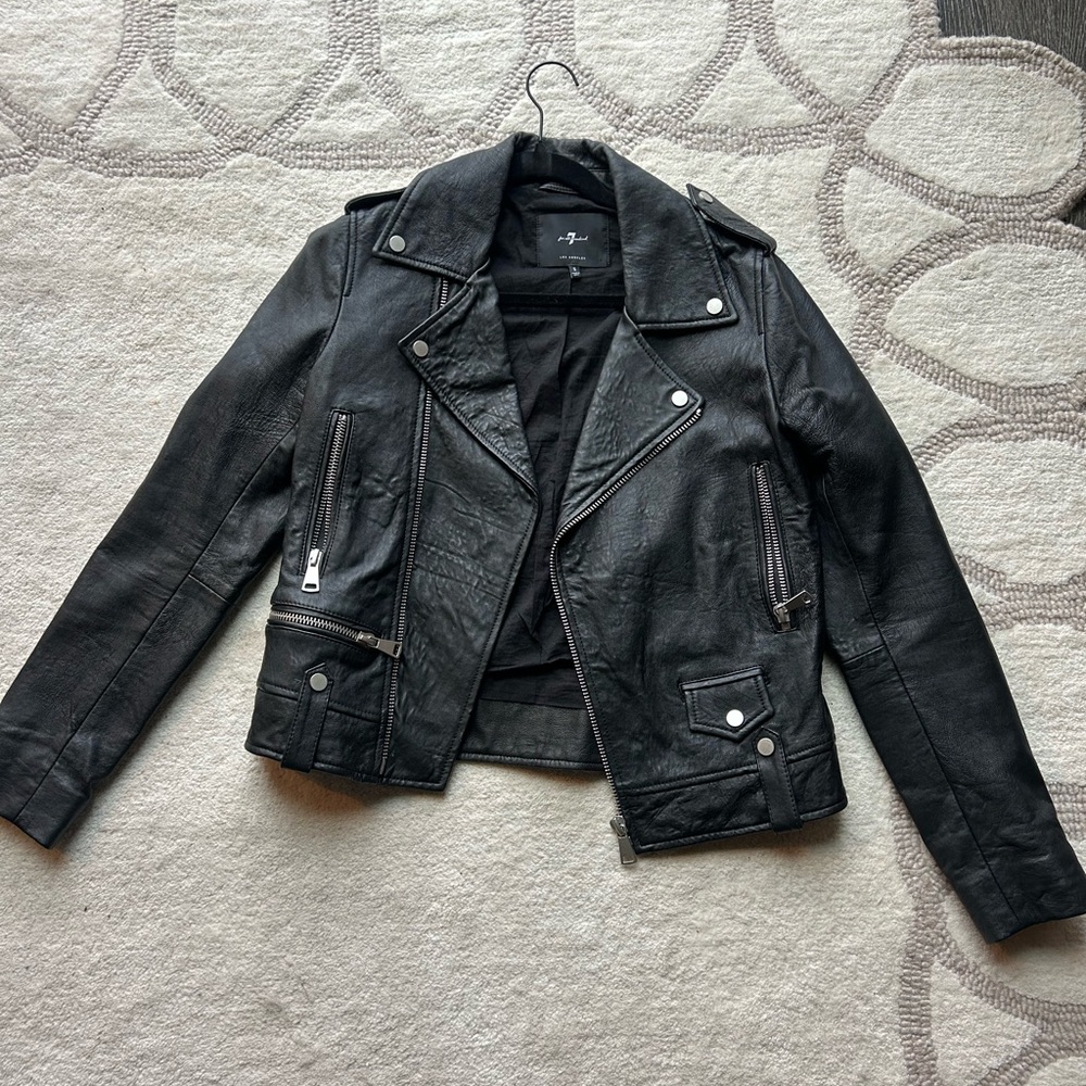 7 For All Mankind Black Leather Biker Jacket